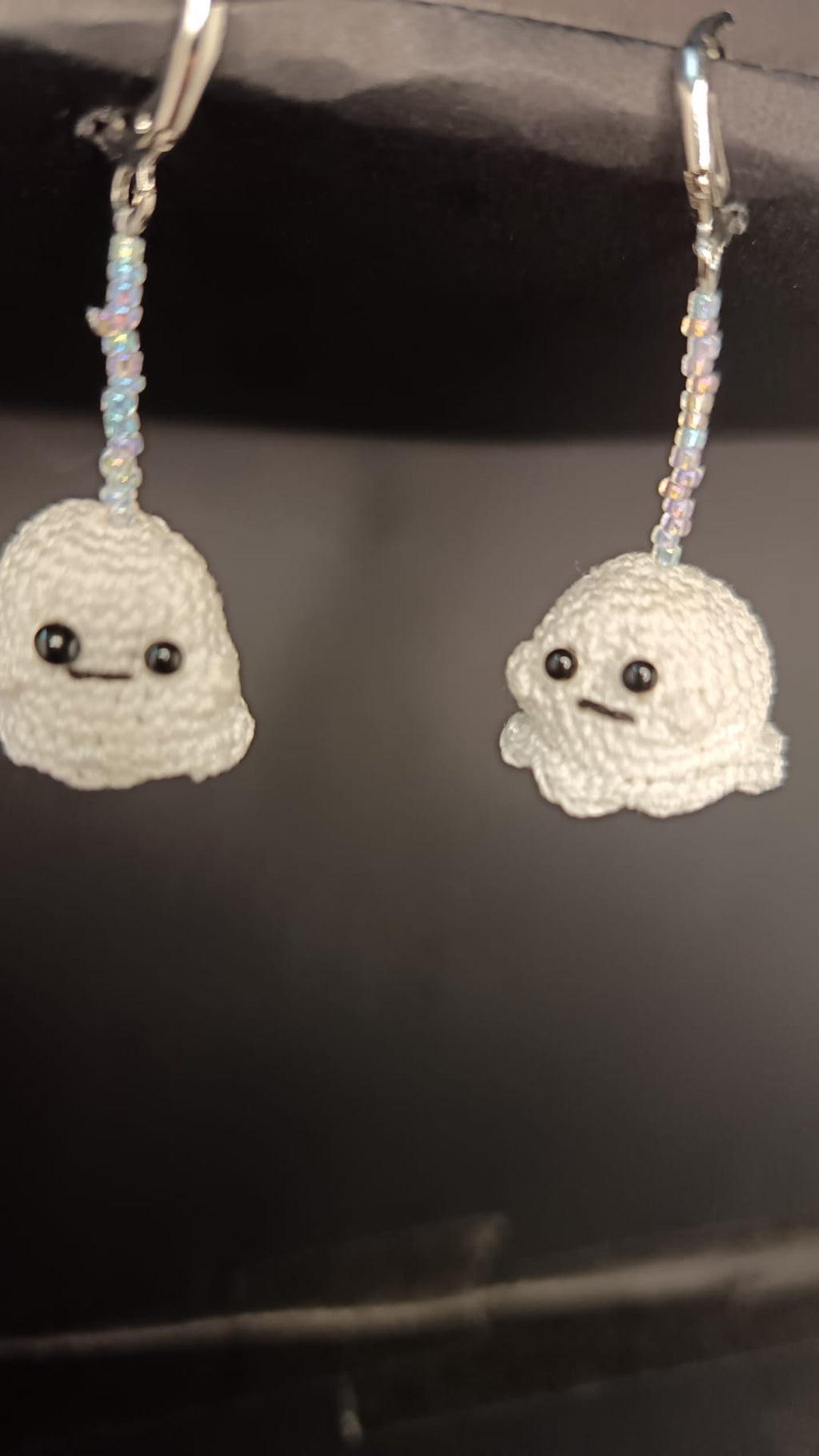 Handmade Crochet Ghost Earrings - Kawaii Amigurumi Ghost Dangle Earrings - Cute Halloween Earrings with Iridescent Beads - Leverback Hooks