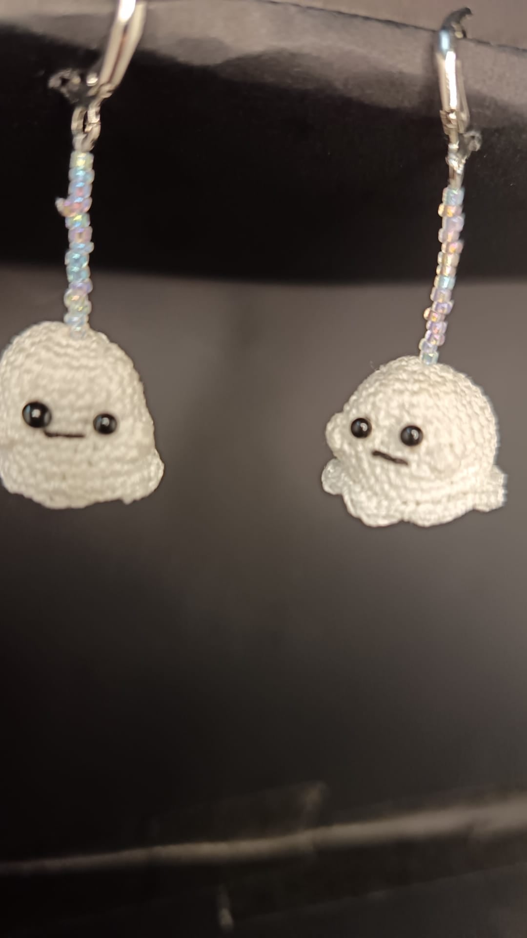 Handmade Crochet Ghost Earrings - Kawaii Amigurumi Ghost Dangle Earrings - Cute Halloween Earrings with Iridescent Beads - Leverback Hooks