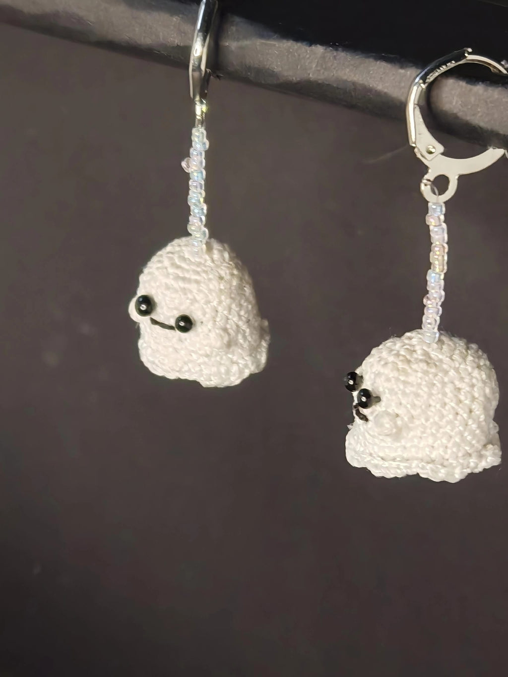 Handmade Crochet Ghost Earrings - Kawaii Amigurumi Ghost Dangle Earrings - Cute Halloween Earrings with Iridescent Beads - Leverback Hooks