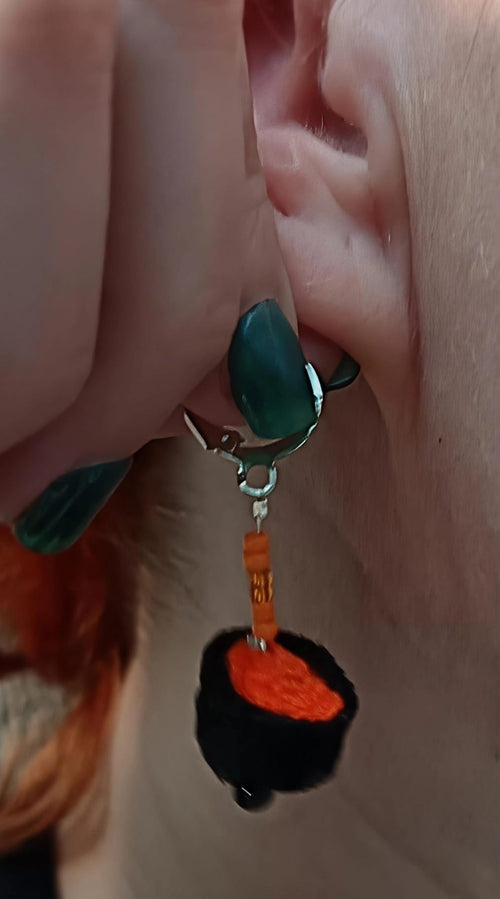 Orange Bubbling Cauldron Earrings - Handmade Crochet Witchy Dangle Earrings