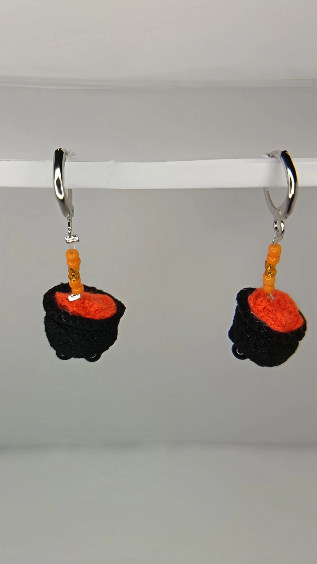 Orange Bubbling Cauldron Earrings - Handmade Crochet Witchy Dangle Earrings