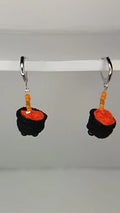Orange Bubbling Cauldron Earrings - Handmade Crochet Witchy Dangle Earrings