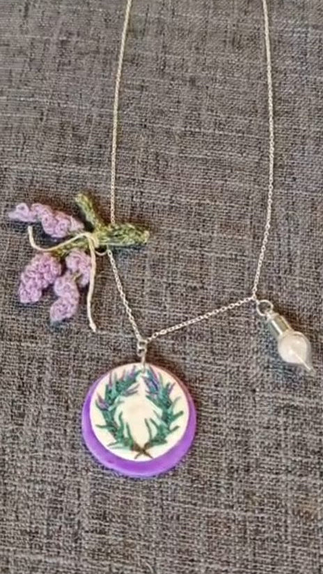 Practical Magic Luck Necklace — Micro Crochet Lavender, Pink Salt Vial &amp; Hand-Sculpted Rosemary Pendant